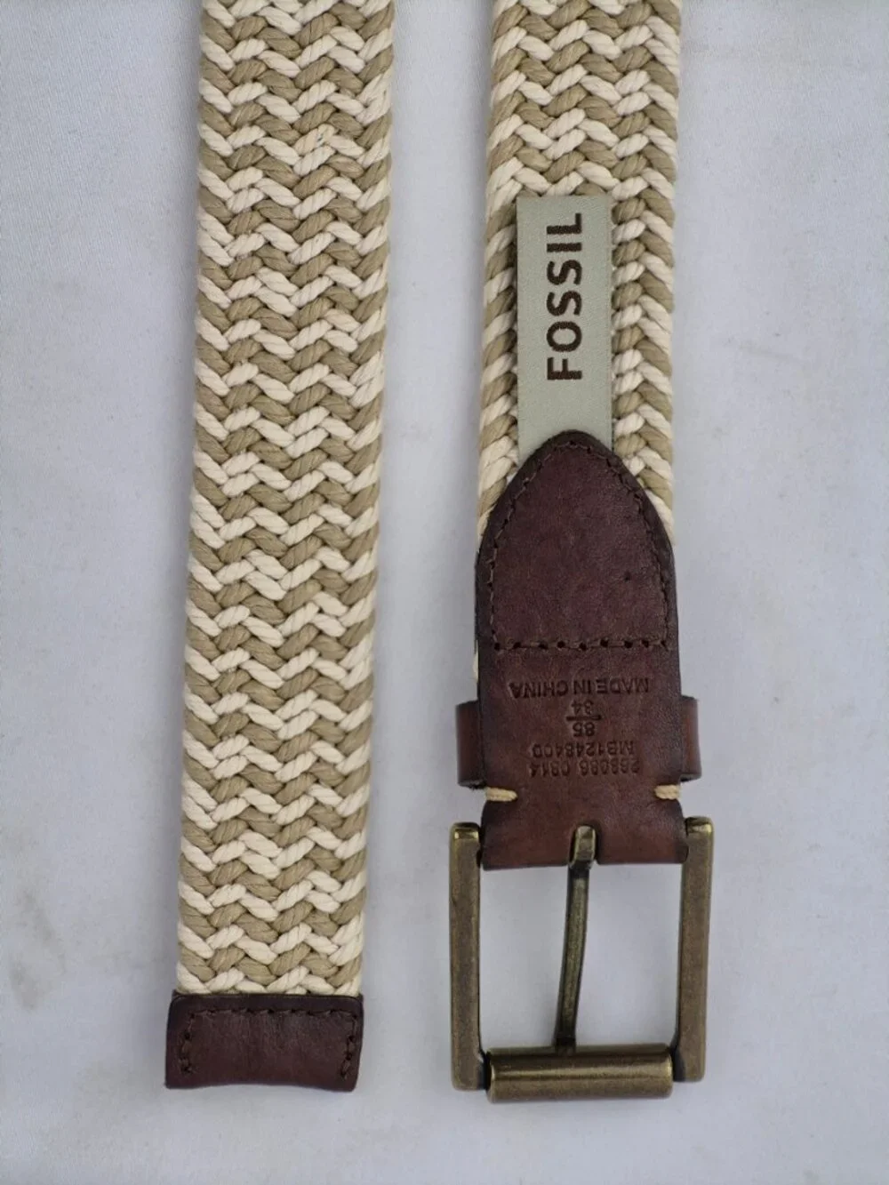Fossil Kyle Khaki Belt Braided Rope & Leather Trim Adjustable Cream Tan Size 34
